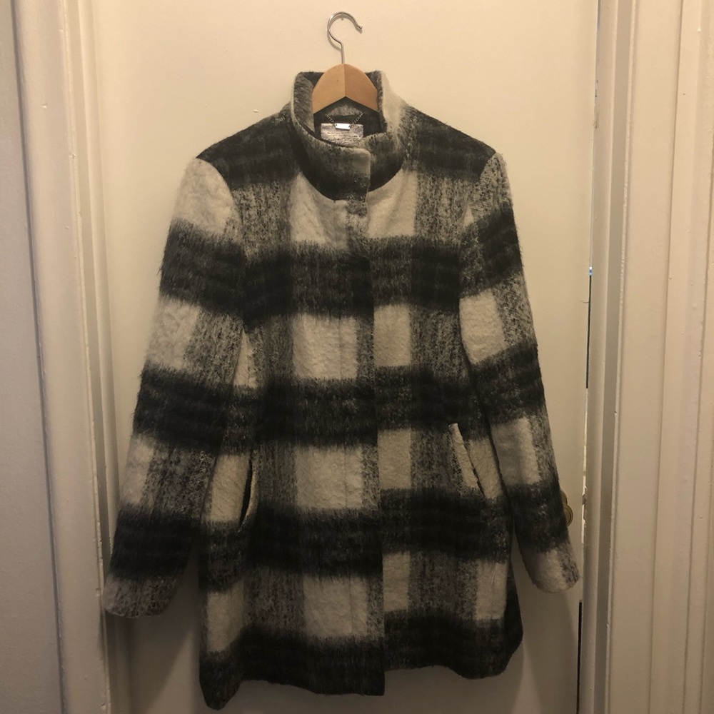 Kensie black and white plaid wool coat
